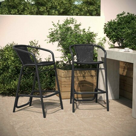 FLASH FURNITURE Lila Indoor-Outdoor PE Rattan Restaurant Barstool with Black Steel Frame and Footrest in Black, 2PK 2-SDA-AD632032R-BK-GG